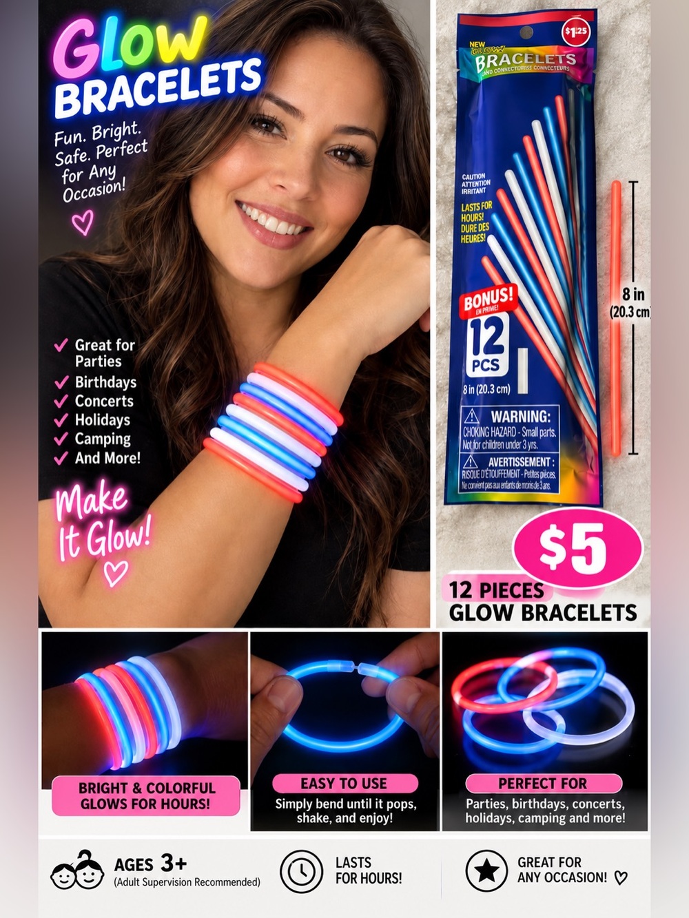 adidas Glow Bracelets Assorted Red White Blue - 12 Pack